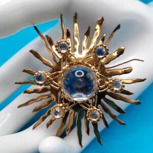 Vintage Celestial Golden Brass Brooch, Clear Cabochons, Early Mid-Century